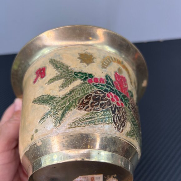 Vintage Brass Cloisonne Painted Christmas Bowl Wreath Candle Holly - Picture 7 of 11